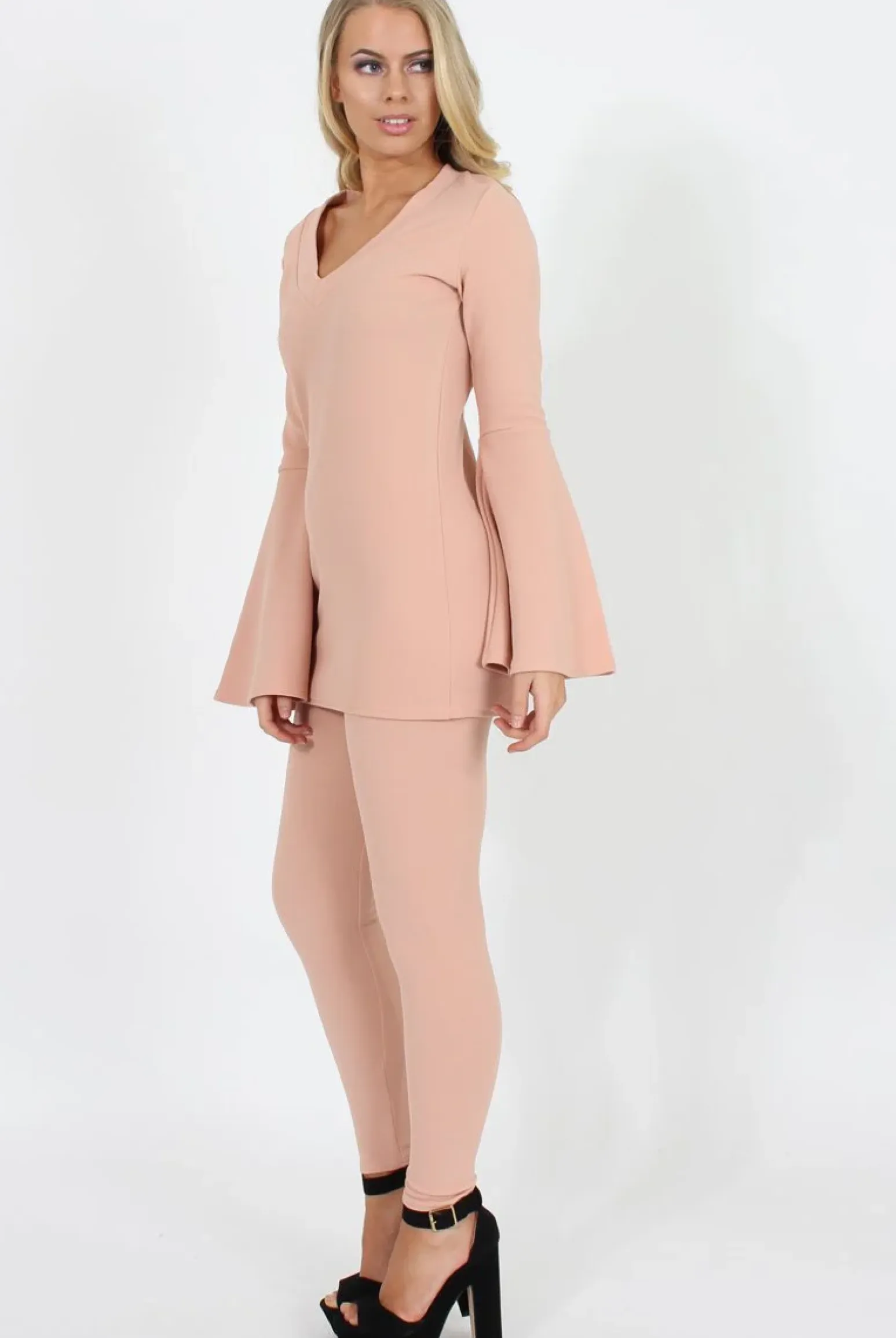 Rebellious Fashion Nude Bell Sleeve Two Piece Set- Terry