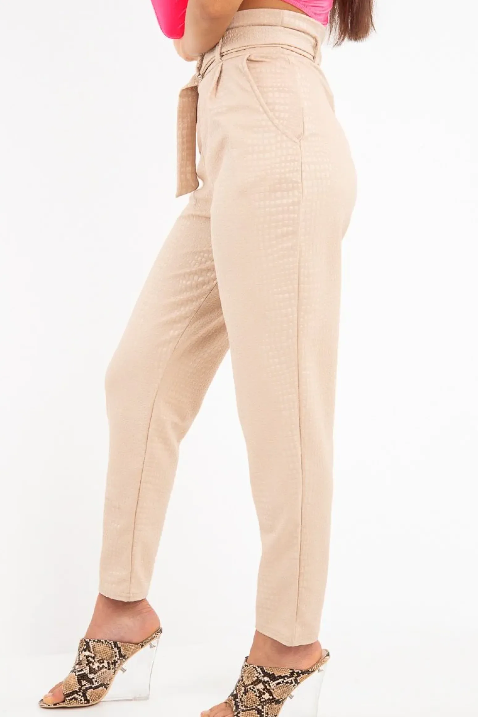 Rebellious Fashion Nude Belted Croc Print Tapered Trousers - Aasia