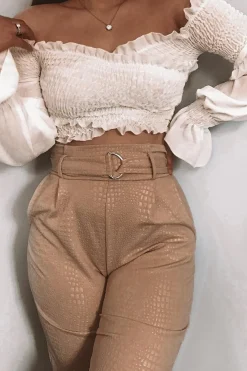 Rebellious Fashion Nude Belted Croc Print Tapered Trousers - Aasia
