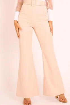 Rebellious Fashion Nude Belted Wide Leg Trousers - Isadore