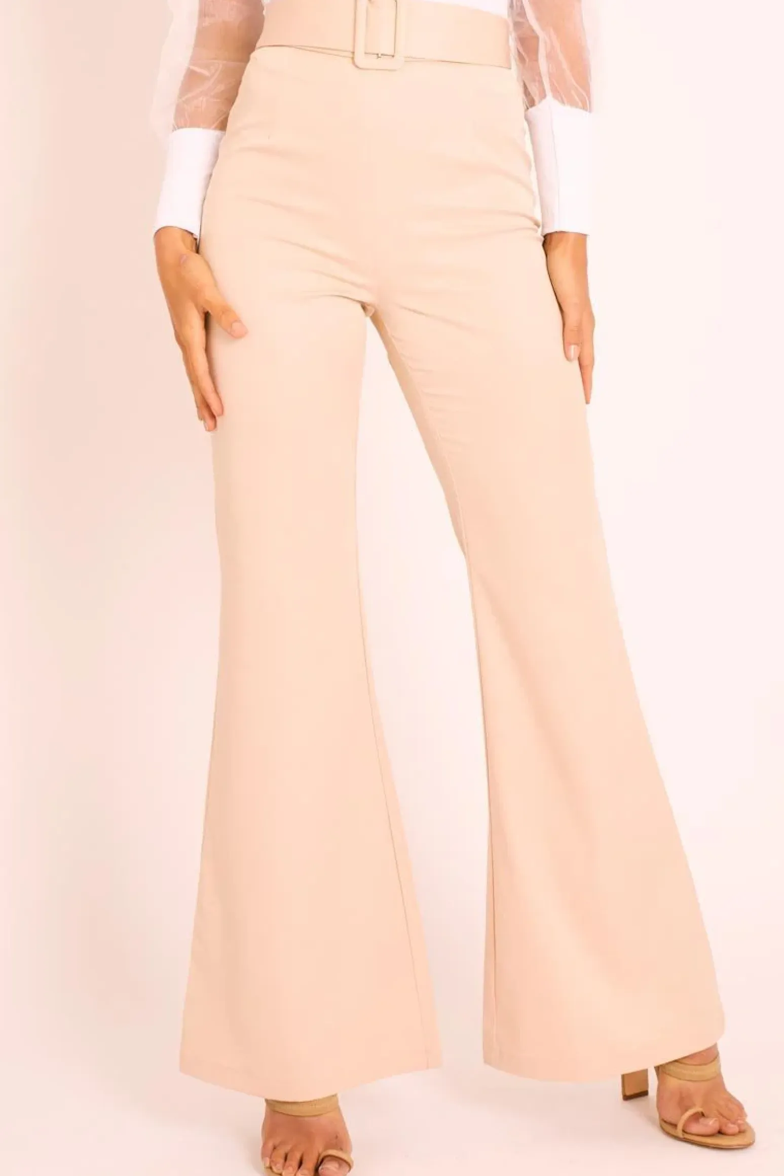 Rebellious Fashion Nude Belted Wide Leg Trousers - Isadore