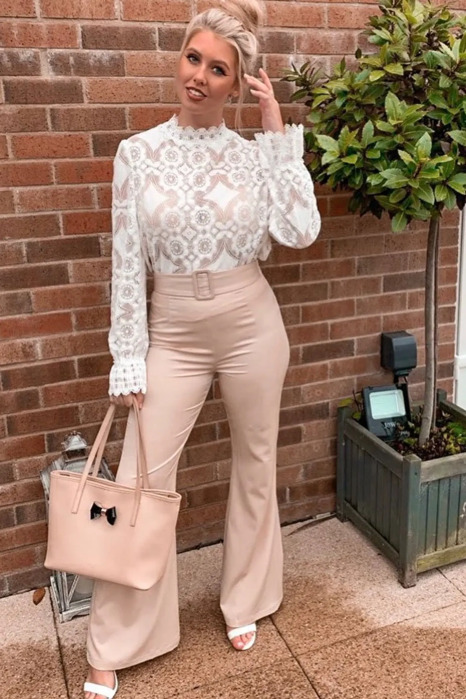 Rebellious Fashion Nude Belted Wide Leg Trousers - Isadore