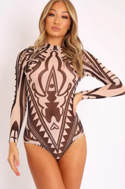 Rebellious Fashion Nude Black Mesh Long Sleeve Patterned Bodysuit - Caci