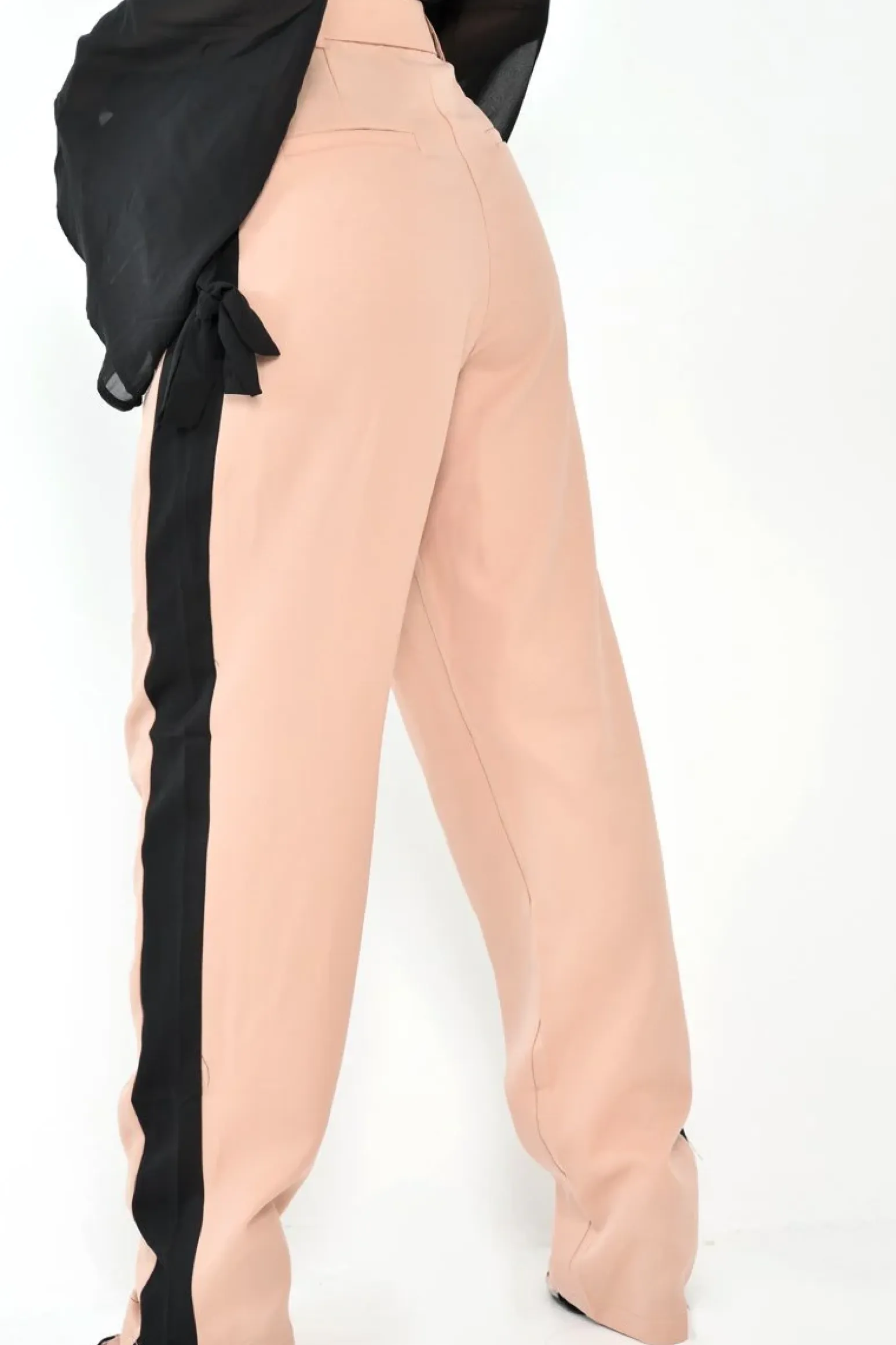 Rebellious Fashion Nude Black Stripe Belted Wide Leg Trousers - Philippa