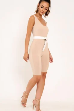 Rebellious Fashion Nude Bodycon Scoop Neck Unitard - Idalie