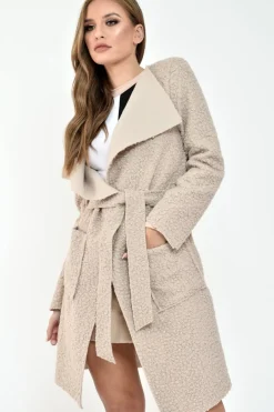 Rebellious Fashion Nude Borg Belted Waterfall Jacket - Jadayah