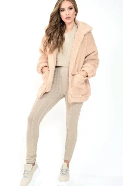 Rebellious Fashion Nude Borg Zipper Front Pocket Coat - Jacklynn