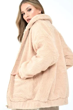 Rebellious Fashion Nude Borg Zipper Front Pocket Coat - Jacklynn
