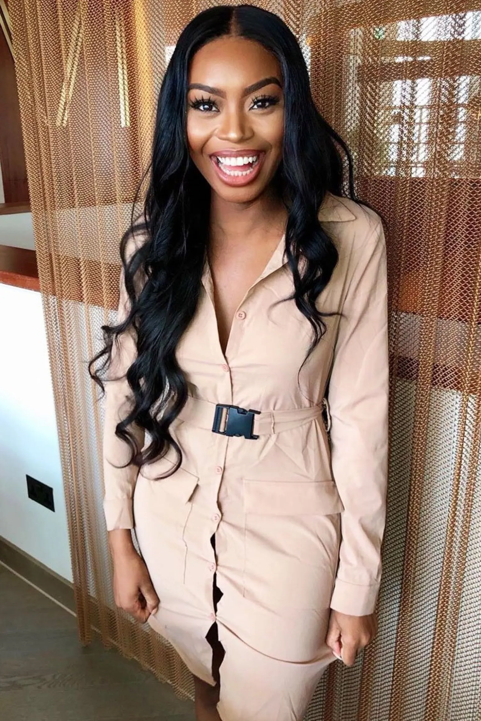 Rebellious Fashion Nude Buckle Belted Utility Shirt Dress - Layla