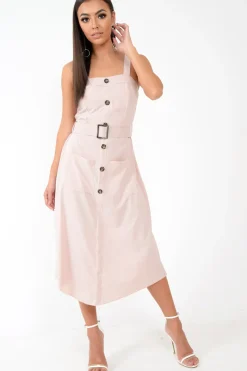 Rebellious Fashion Nude Button Front Belted Midi Dress - Caela