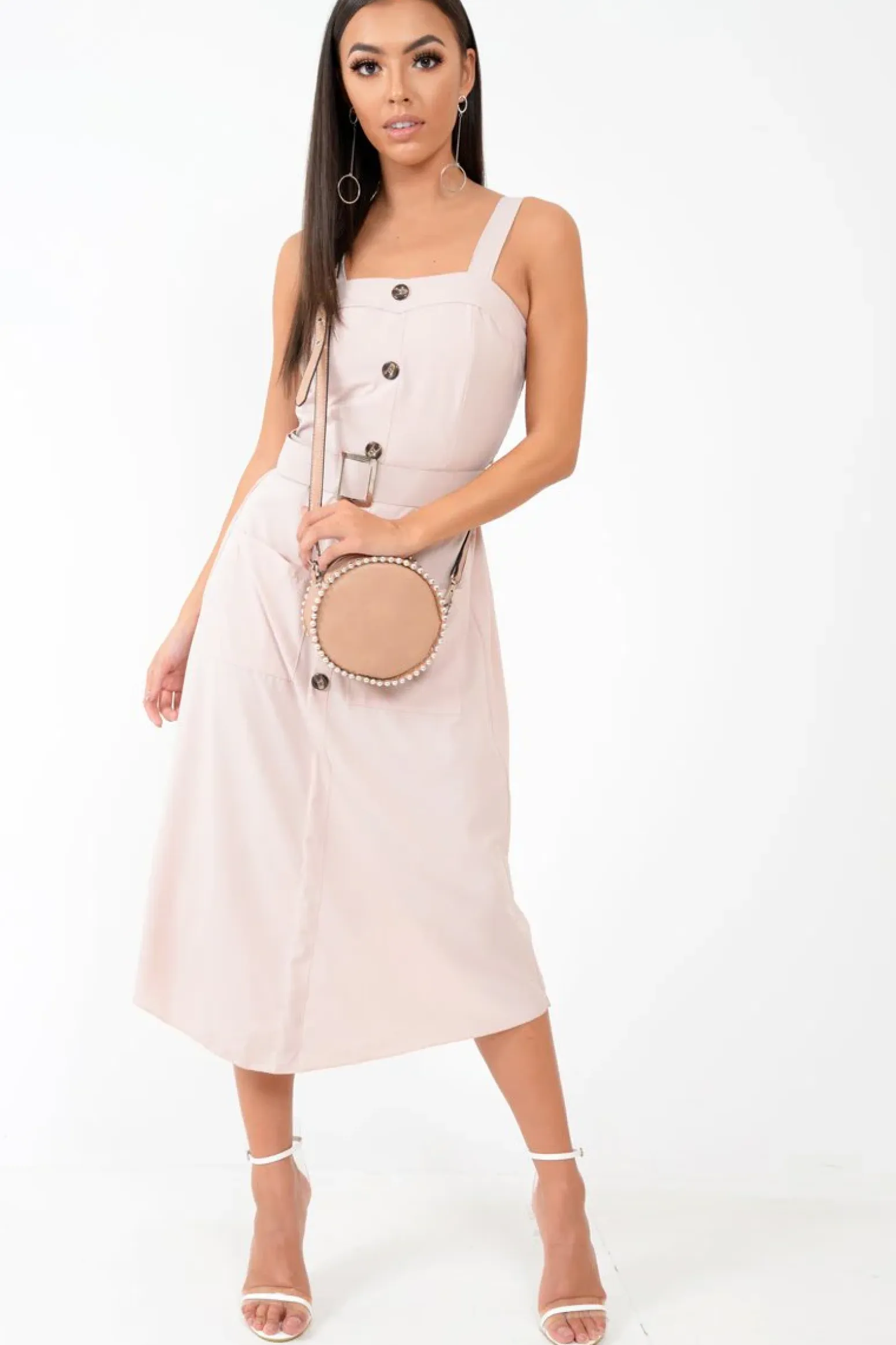 Rebellious Fashion Nude Button Front Belted Midi Dress - Caela