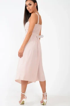 Rebellious Fashion Nude Button Front Belted Midi Dress - Caela