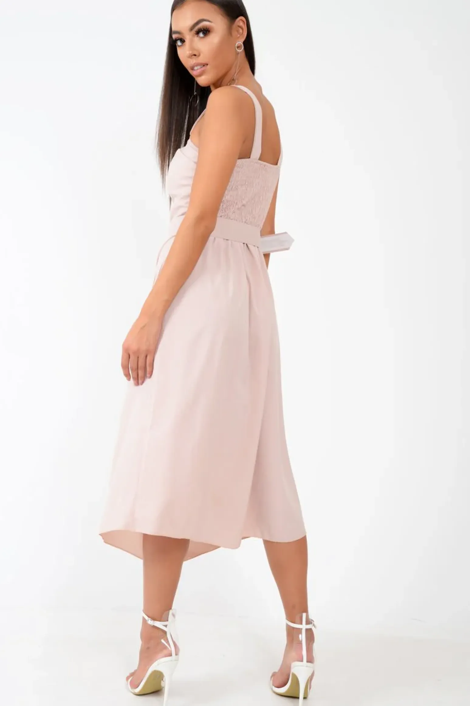 Rebellious Fashion Nude Button Front Belted Midi Dress - Caela