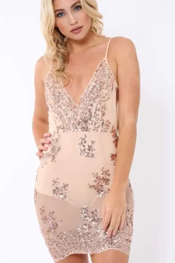 Rebellious Fashion Nude Cami Body Con Dress with Sequins - Darcy