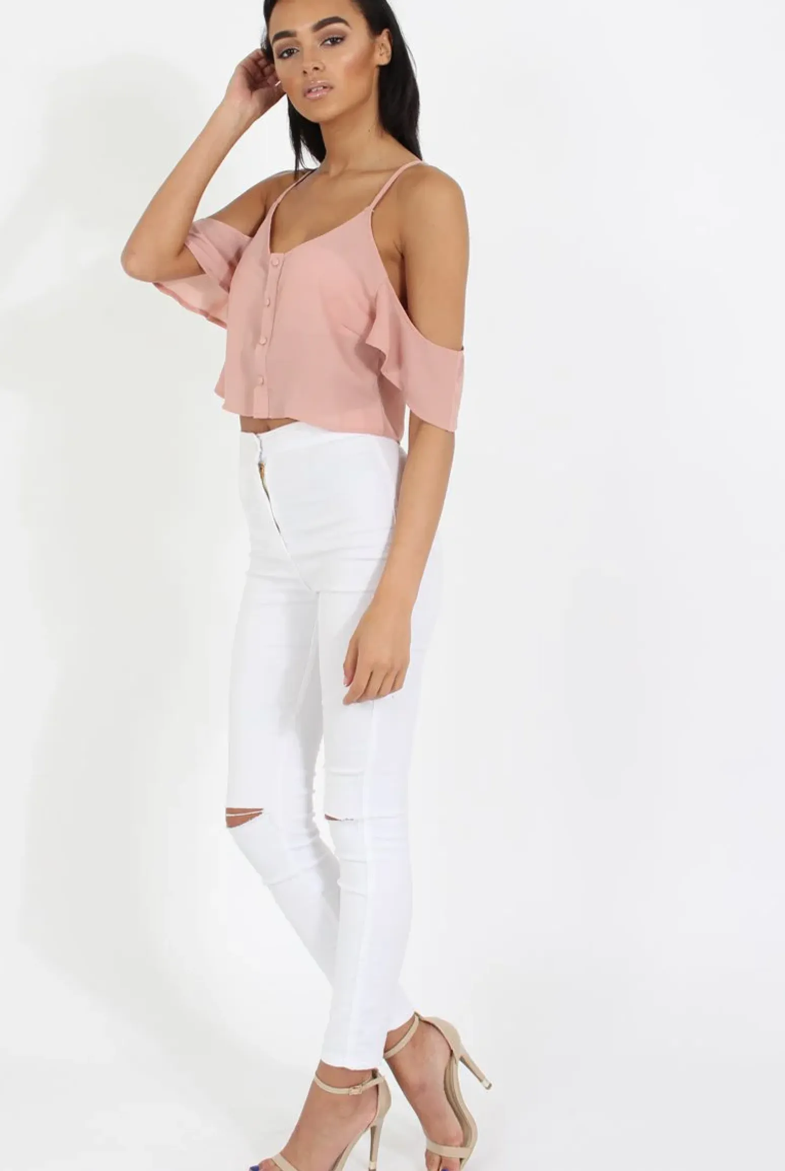 Rebellious Fashion Nude Cold Shoulder Button Crop Top - Harlow