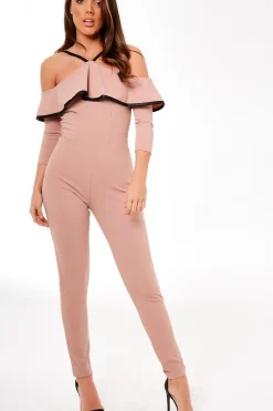Rebellious Fashion Nude Cold Shoulder Frill Detail Jumpsuit - Donna