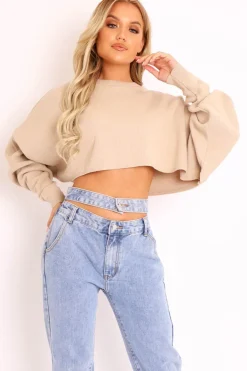 Rebellious Fashion Nude Cropped Batwing Jumper - Lizy