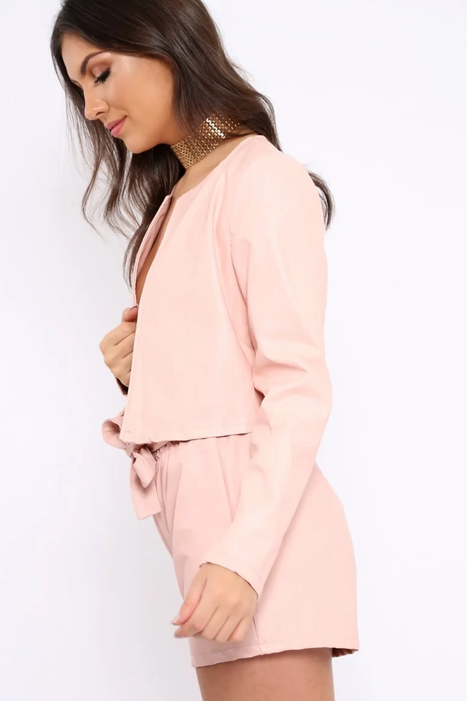 Rebellious Fashion Nude Cropped Faux Leather Jacket -Katriel