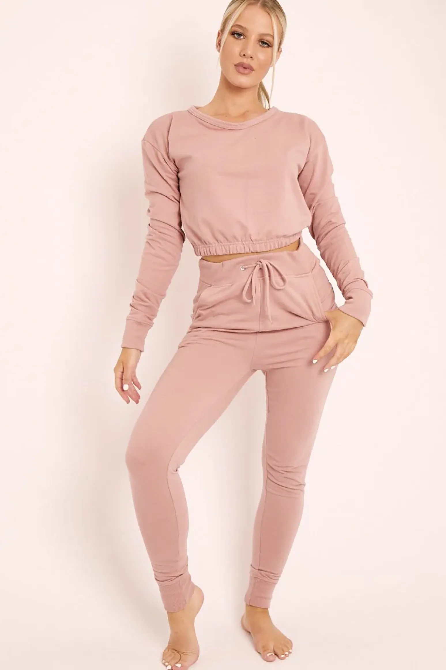 Rebellious Fashion Nude Crop Top and Slim Jogger Loungewear Co-ord Set - Suzy