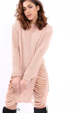 Rebellious Fashion Nude Distressed Jumper Dress - Kim