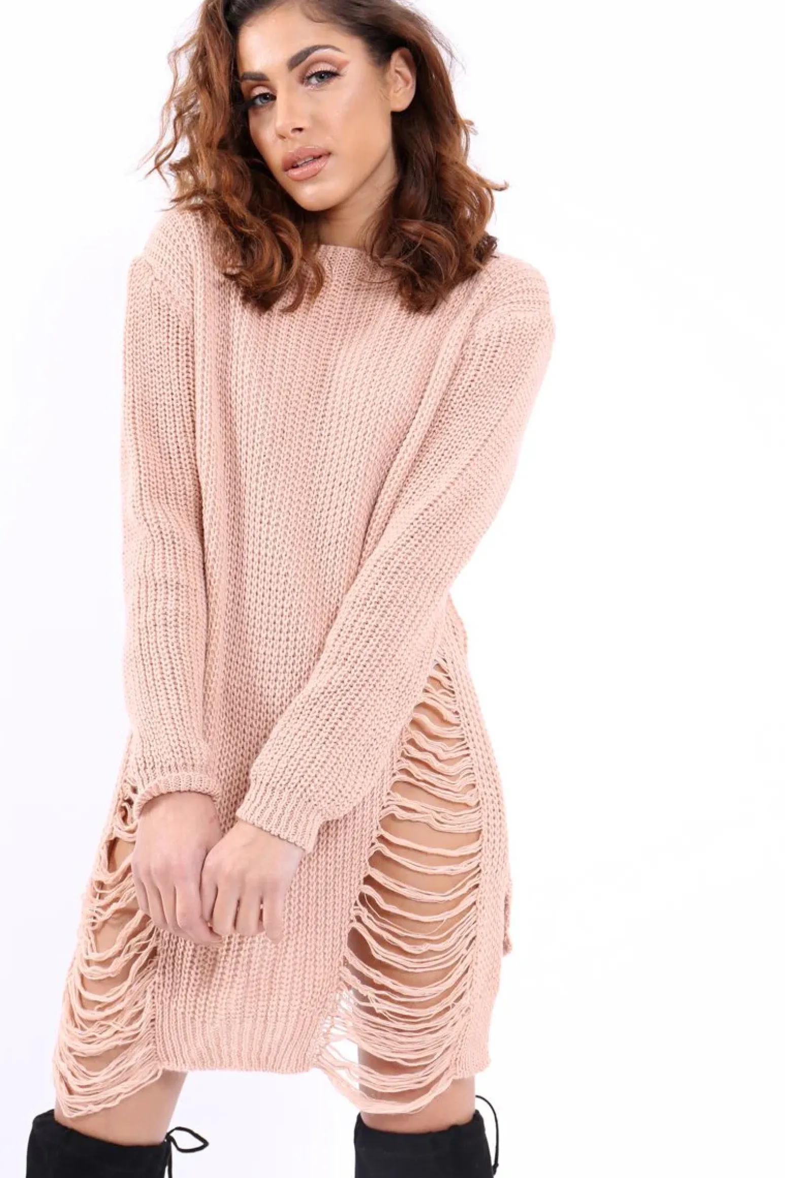 Rebellious Fashion Nude Distressed Jumper Dress - Kim