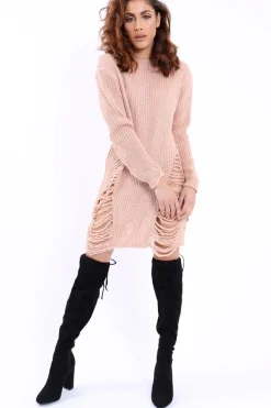 Rebellious Fashion Nude Distressed Jumper Dress - Kim