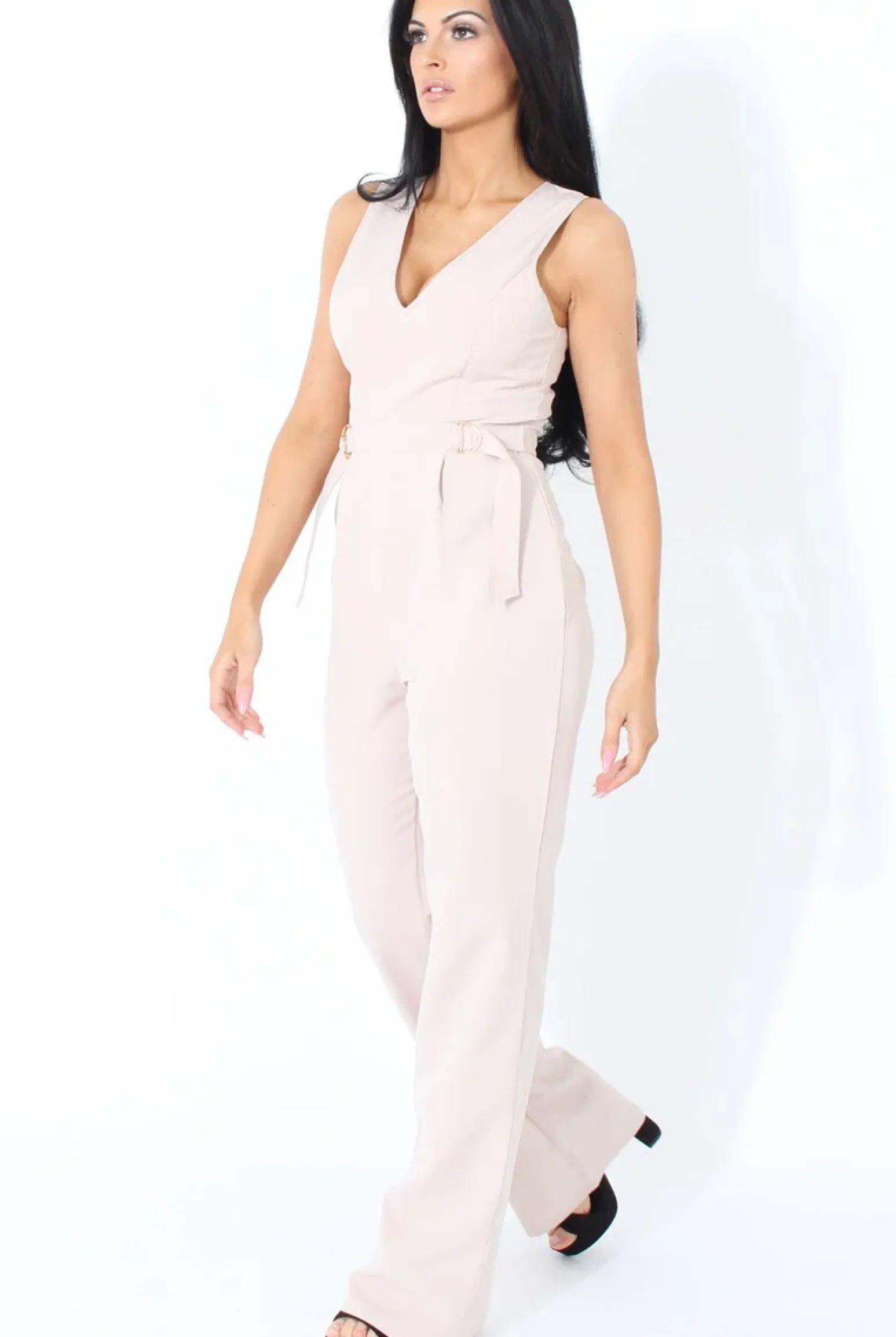 Rebellious Fashion Nude D-Ring Detail V Front Jumpsuit- Issi