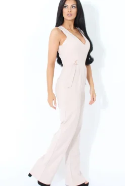 Rebellious Fashion Nude D-Ring Detail V Front Jumpsuit- Issi