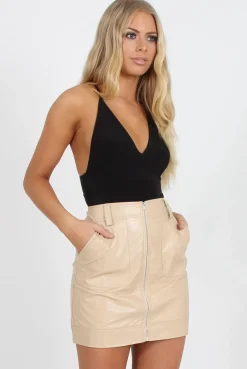 Rebellious Fashion Nude Faux Leather Mini Skirt - Paige