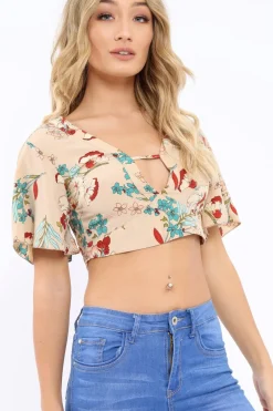 Rebellious Fashion Nude Floral Plunge Tie Back Crop Top - Shelly
