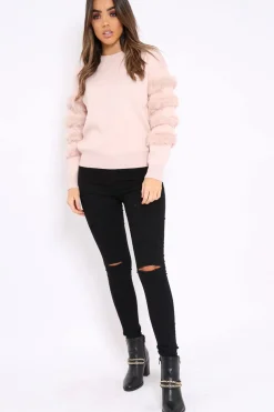 Rebellious Fashion Nude Fur Sleeve Knitted Jumper - Courtnie