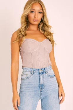 Rebellious Fashion Nude Glitter Cup Detail Bodysuit - Emmary