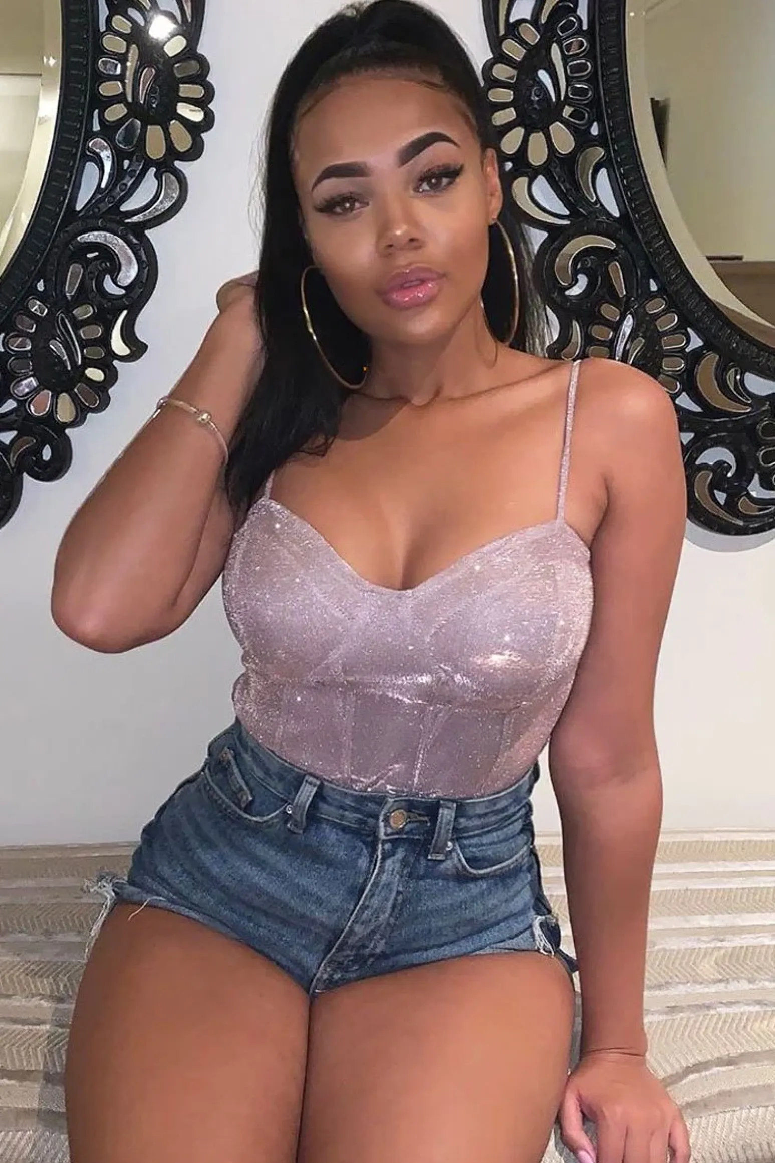 Rebellious Fashion Nude Glitter Cup Detail Bodysuit - Emmary