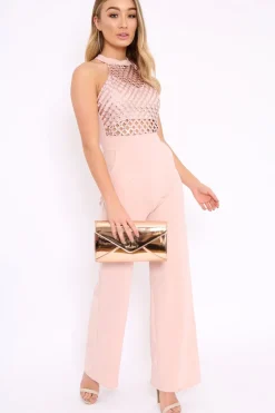 Rebellious Fashion Nude Halterneck Cage Design Jumpsuit - Taaliah