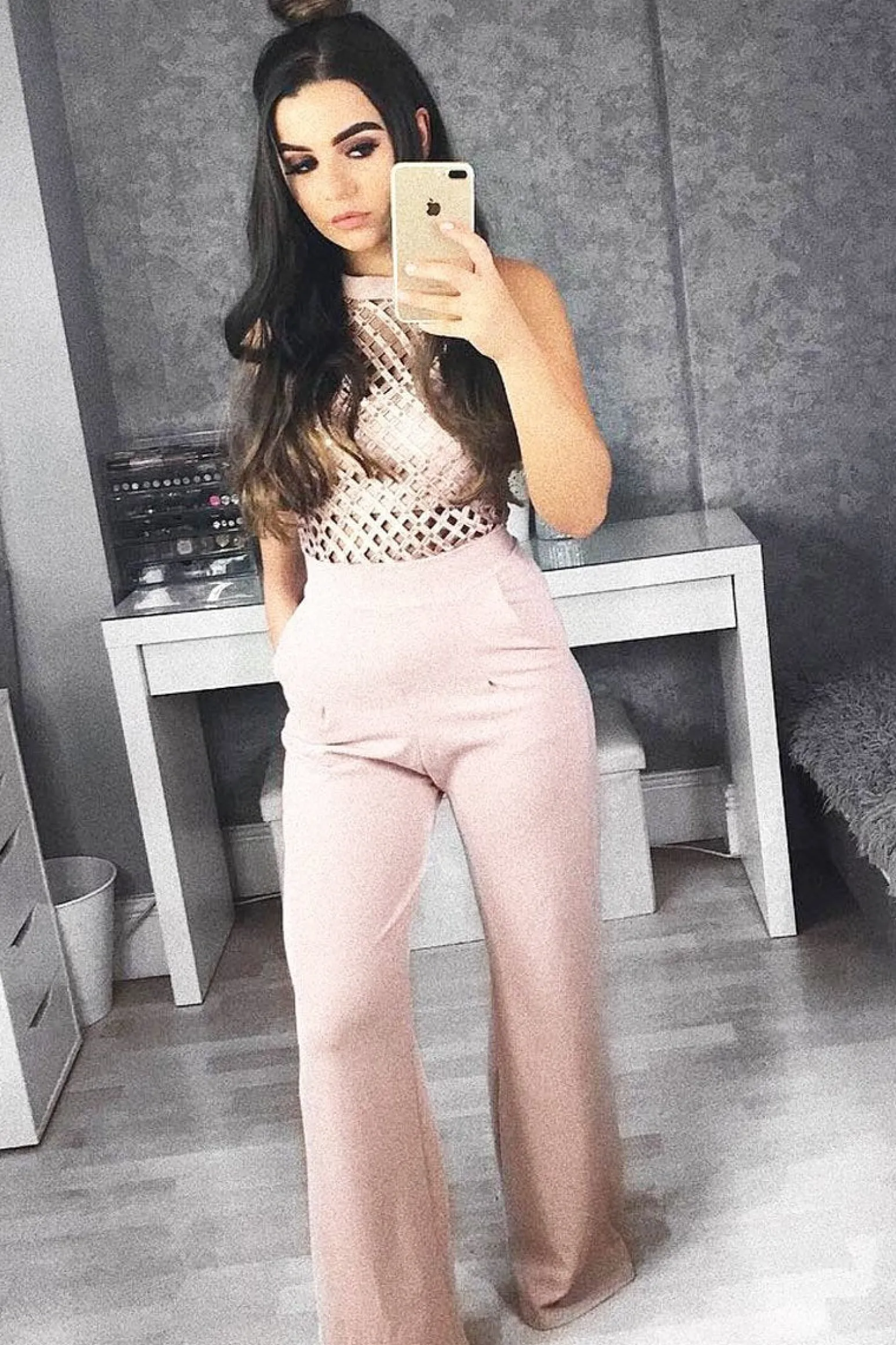 Rebellious Fashion Nude Halterneck Cage Design Jumpsuit - Taaliah