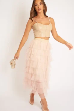 Rebellious Fashion Nude High Waisted Tulle Ruffle Midi Skirt - Aaliyana
