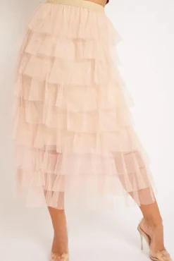 Rebellious Fashion Nude High Waisted Tulle Ruffle Midi Skirt - Aaliyana