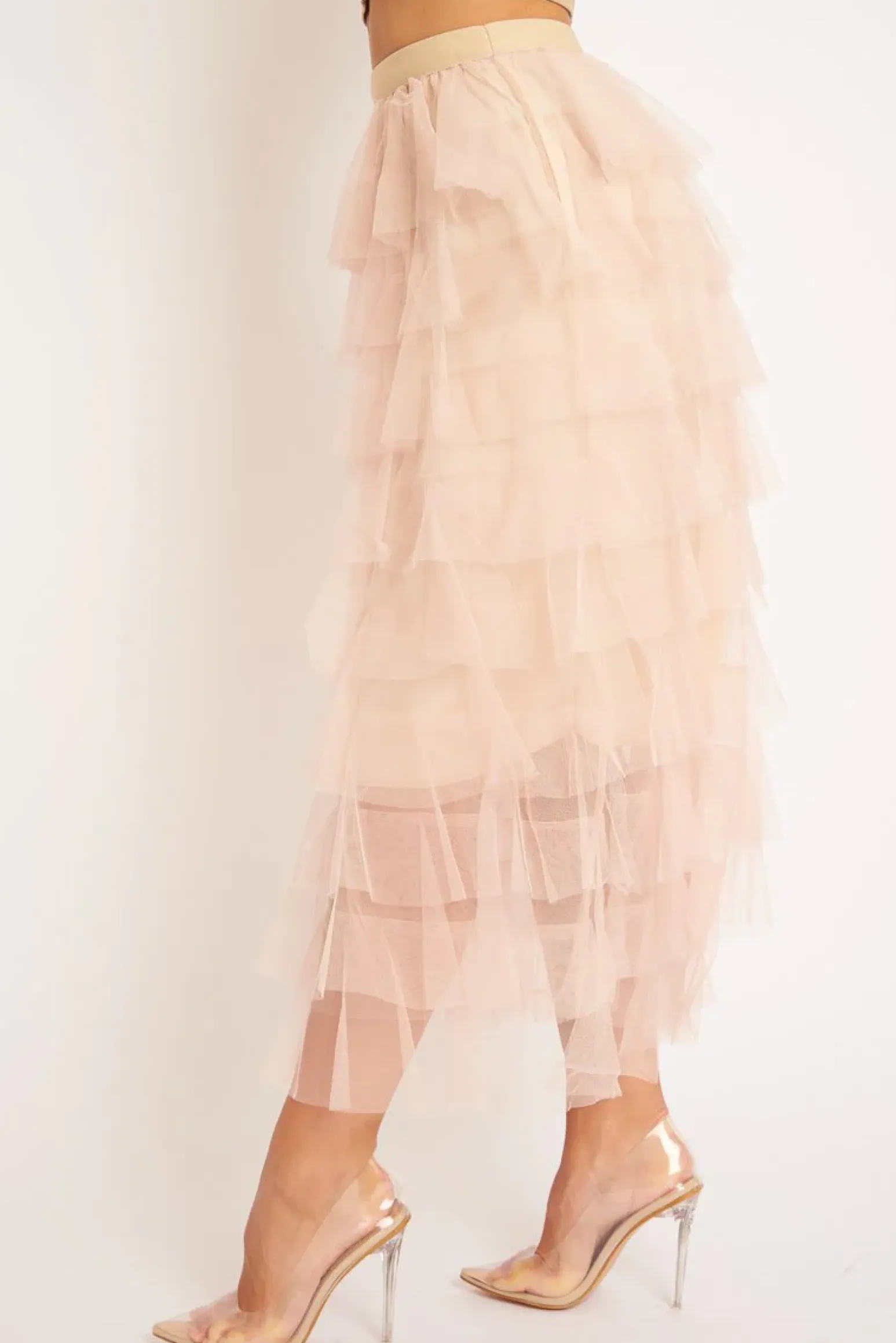 Rebellious Fashion Nude High Waisted Tulle Ruffle Midi Skirt - Aaliyana
