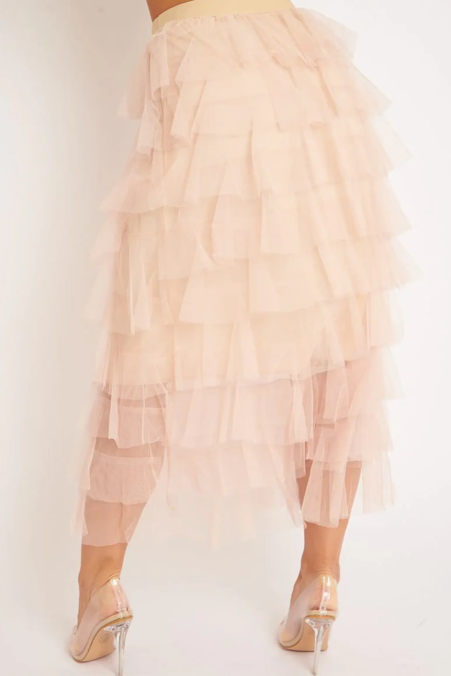 Rebellious Fashion Nude High Waisted Tulle Ruffle Midi Skirt - Aaliyana