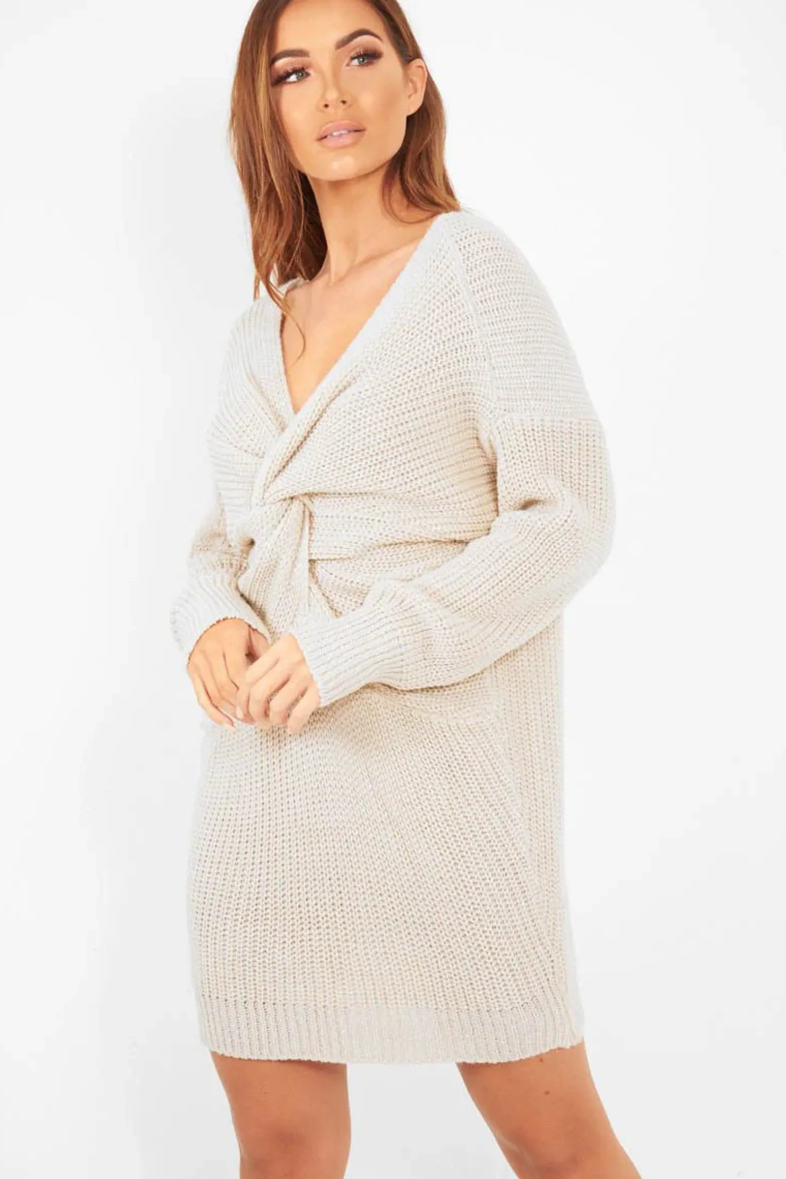 Rebellious Fashion Nude Knot Front Jumper Dress - Hydee
