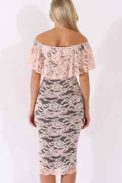 Rebellious Fashion Nude Lace Bardot Frill Midi Dress - Keysha
