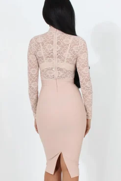 Rebellious Fashion Nude Lace High Neck Midi Dress-Neriah