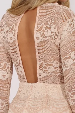 Rebellious Fashion Nude Lace High Neck Mini Dress - Taya