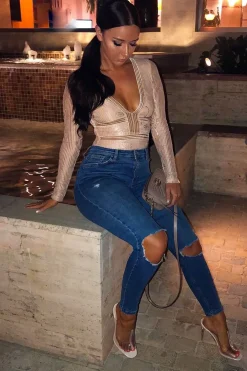 Rebellious Fashion Nude Lace Long Sleeve Open Back Bodysuit - Ellice