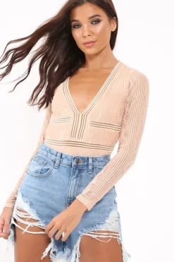 Rebellious Fashion Nude Lace Long Sleeve Open Back Bodysuit - Ellice