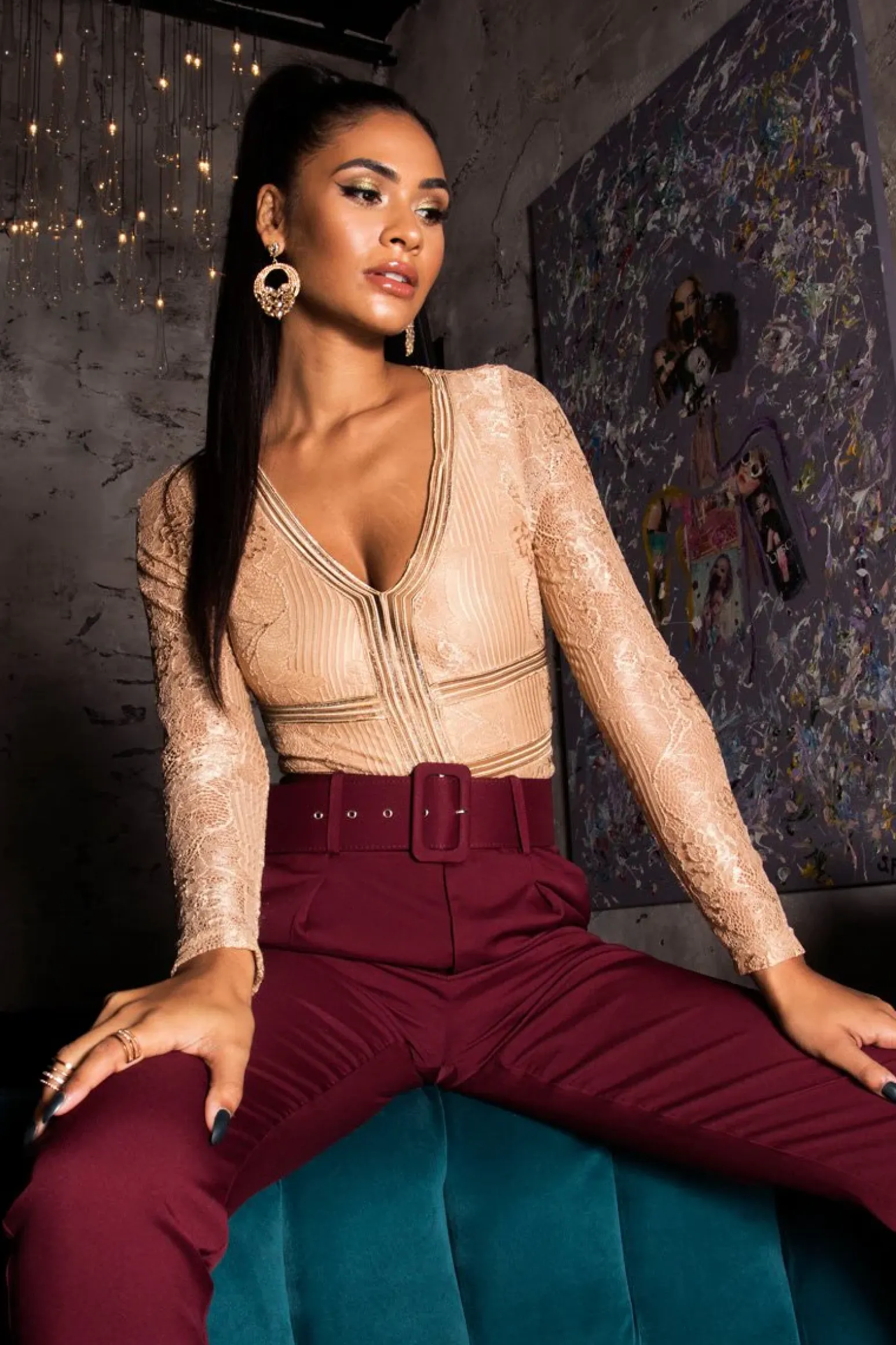 Rebellious Fashion Nude Lace Long Sleeve Open Back Bodysuit - Ellice