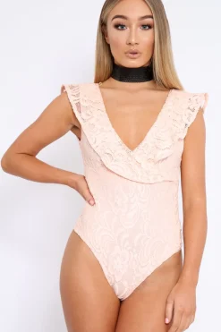 Rebellious Fashion Nude Lace Plunge Frill Bodysuit - Maelani
