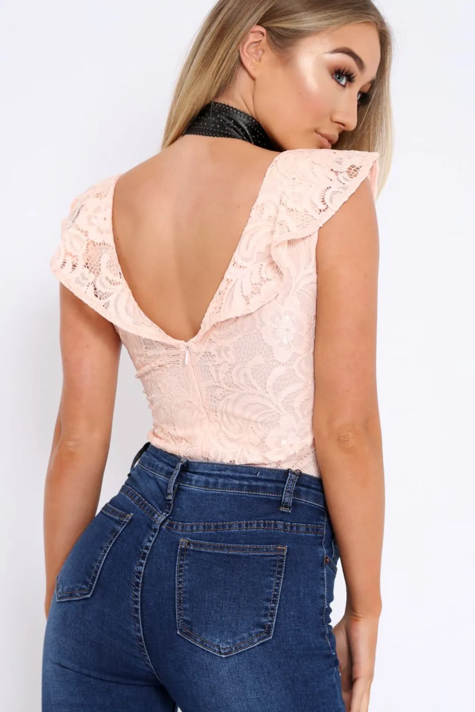 Rebellious Fashion Nude Lace Plunge Frill Bodysuit - Maelani