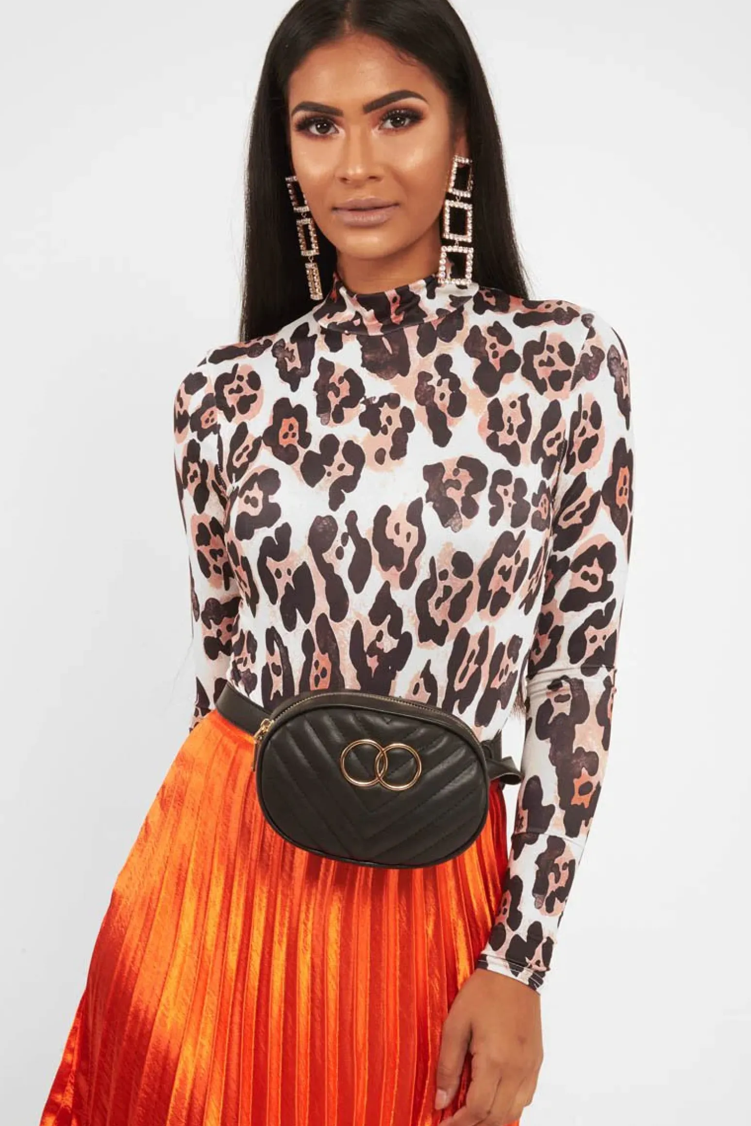 Rebellious Fashion Nude Leopard Print Slinky High Neck Bodysuit - Abira