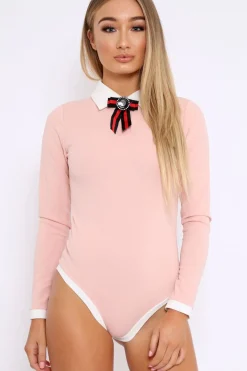 Rebellious Fashion Nude Long Sleeved Striped Bow Bodysuit - Lashay